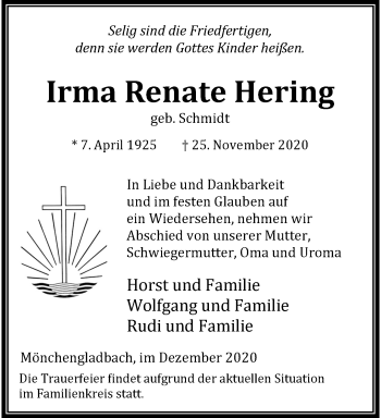 Traueranzeige von Irma Renate Hering von trauer.extra-tipp-moenchengladbach.de