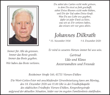 Traueranzeige von Johannes Dilkrath von trauer.extra-tipp-moenchengladbach.de