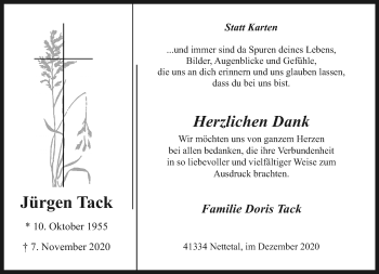 Traueranzeige von Jürgen Tack von trauer.extra-tipp-moenchengladbach.de