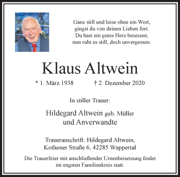 Traueranzeige von Klaus Altwein von trauer.wuppertaler-rundschau.de