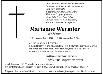 Traueranzeige von Marianne Wermter von trauer.extra-tipp-moenchengladbach.de