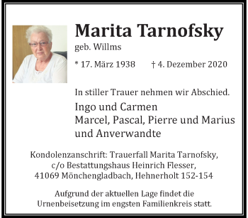 Traueranzeige von Marita Tarnofsky von trauer.extra-tipp-moenchengladbach.de