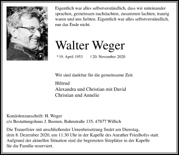 Traueranzeige von Walter Weger von trauer.extra-tipp-moenchengladbach.de