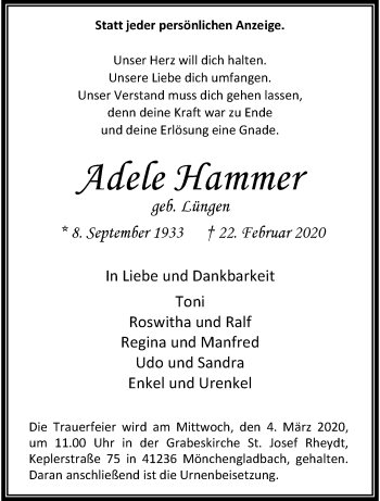 Traueranzeige von Adele Hammer von trauer.extra-tipp-moenchengladbach.de