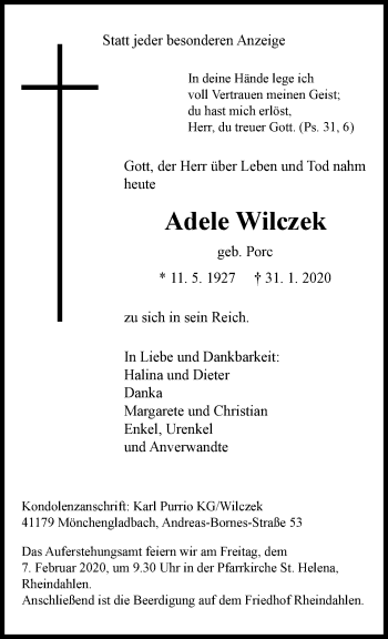 Traueranzeige von Adele Wilczek von trauer.extra-tipp-moenchengladbach.de