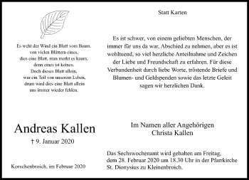 Traueranzeige von Andreas Kallen von trauer.extra-tipp-moenchengladbach.de