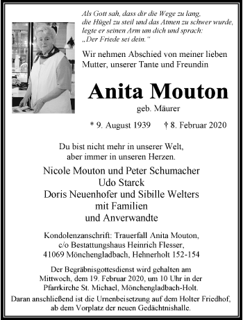 Traueranzeige von Anita Mouton von trauer.extra-tipp-moenchengladbach.de