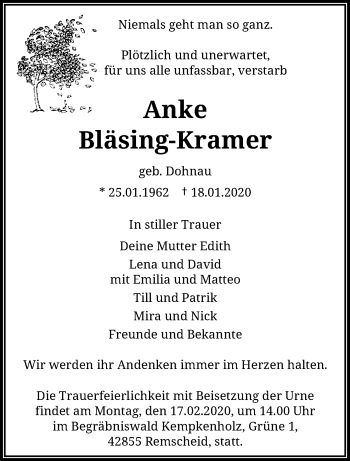 Traueranzeige von Anke Bläsing-Kramer von trauer.wuppertaler-rundschau.de