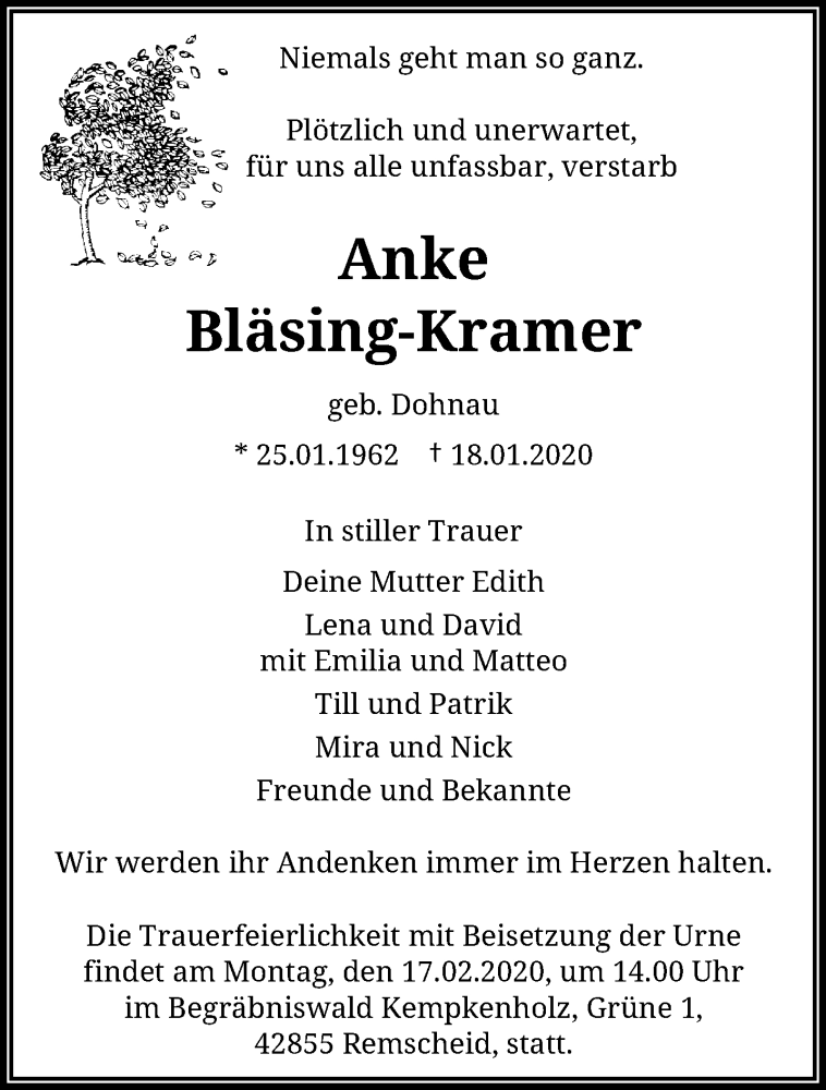  Traueranzeige für Anke Bläsing-Kramer vom 15.02.2020 aus trauer.wuppertaler-rundschau.de