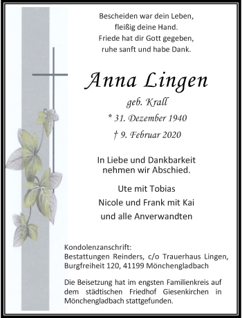 Traueranzeige von Anna Lingen von trauer.extra-tipp-moenchengladbach.de