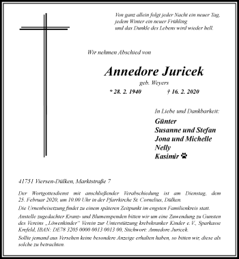 Traueranzeige von Annedore Juricek von trauer.extra-tipp-moenchengladbach.de