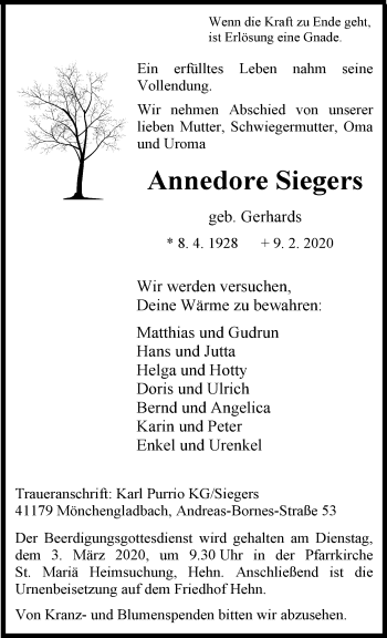 Traueranzeige von Annedore Siegers von trauer.extra-tipp-moenchengladbach.de