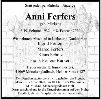 Traueranzeige von Anni Ferfers von trauer.extra-tipp-moenchengladbach.de