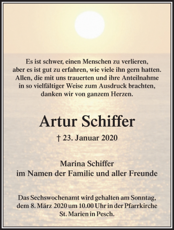 Traueranzeige von Artur Schiffer von trauer.extra-tipp-moenchengladbach.de