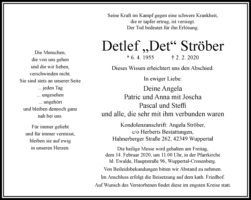  Traueranzeige für Detlef Ströber vom 08.02.2020 aus trauer.wuppertaler-rundschau.de