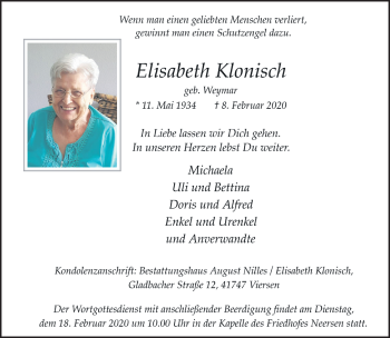 Traueranzeige von Elisabeth Klonisch von trauer.extra-tipp-moenchengladbach.de