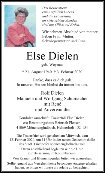 Traueranzeige von Else Dielen von trauer.extra-tipp-moenchengladbach.de