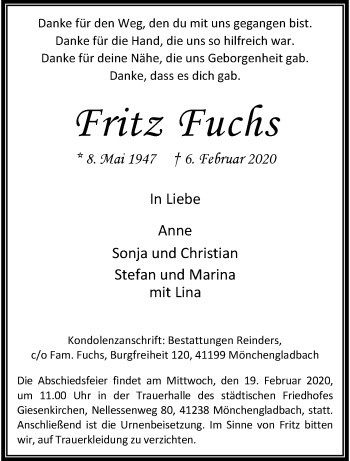 Traueranzeige von Fritz Fuchs von trauer.extra-tipp-moenchengladbach.de