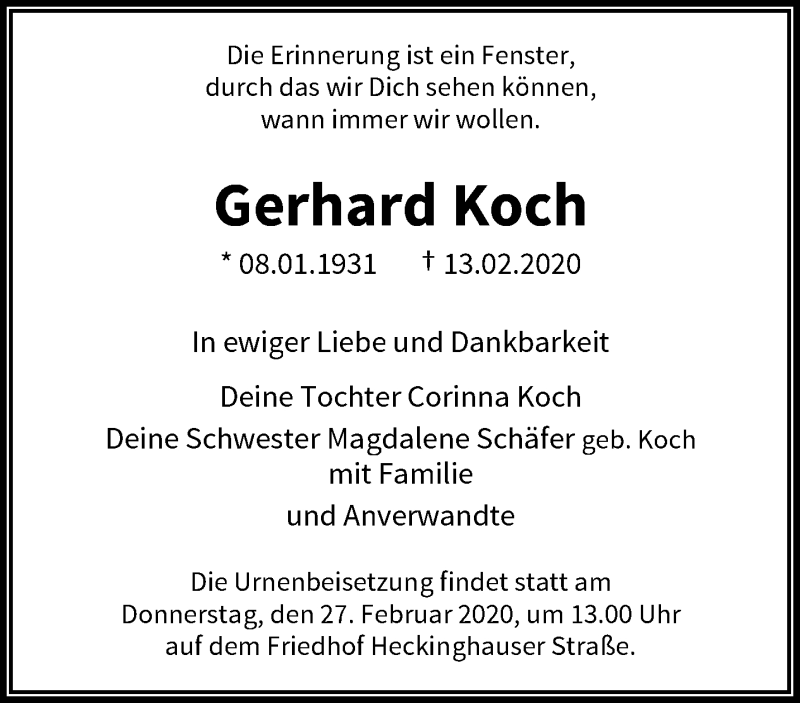  Traueranzeige für Gerhard Koch vom 22.02.2020 aus trauer.wuppertaler-rundschau.de