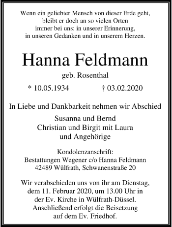 Traueranzeige von Hanna Feldmann von trauer.wuppertaler-rundschau.de