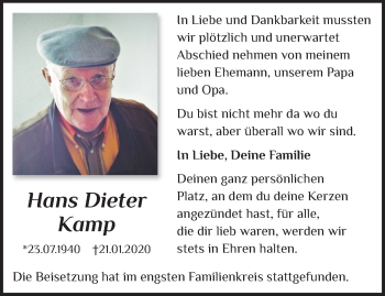 Traueranzeige von Hans Dieter Kamp von trauer.extra-tipp-moenchengladbach.de