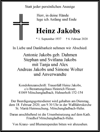 Traueranzeige von Heinz Jakobs von trauer.extra-tipp-moenchengladbach.de
