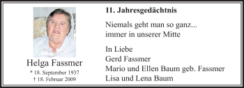 Traueranzeige von Helga Fassmer von trauer.extra-tipp-moenchengladbach.de
