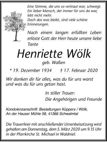 Traueranzeige von Henriette Wölk von trauer.extra-tipp-moenchengladbach.de