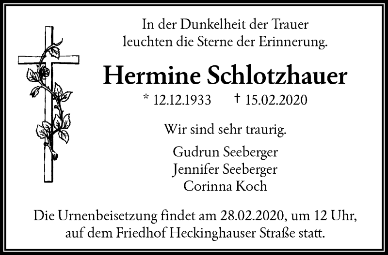  Traueranzeige für Hermine Schlotzhauer vom 22.02.2020 aus trauer.wuppertaler-rundschau.de