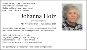 Traueranzeige von Johanna Holz von trauer.extra-tipp-moenchengladbach.de