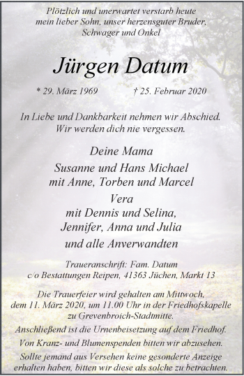 Traueranzeige von Jürgen Datum von trauer.stadt-kurier.de