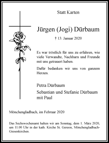 Traueranzeige von Jürgen Dürbaum von trauer.extra-tipp-moenchengladbach.de