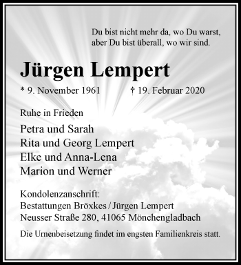 Traueranzeige von Jürgen Lempert von trauer.extra-tipp-moenchengladbach.de