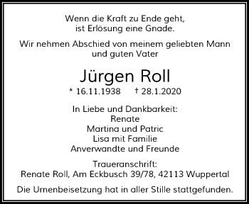 Traueranzeige von Jürgen Roll von trauer.wuppertaler-rundschau.de