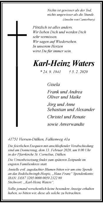 Traueranzeige von Karl-Heinz Waters von trauer.extra-tipp-moenchengladbach.de