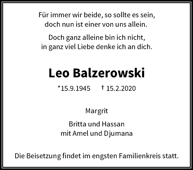  Traueranzeige für Leo Balzerowski vom 29.02.2020 aus trauer.wuppertaler-rundschau.de