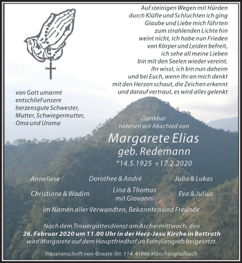 Traueranzeige von Margarete Elias von trauer.extra-tipp-moenchengladbach.de