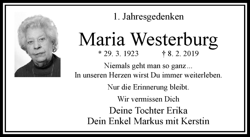  Traueranzeige für Maria Westerburg vom 08.02.2020 aus trauer.wuppertaler-rundschau.de