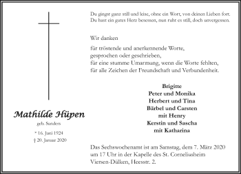 Traueranzeige von Mathilde Hüpen von trauer.extra-tipp-moenchengladbach.de