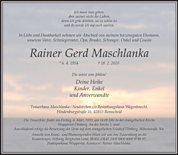 Traueranzeige von Rainer Gerd Maschlanka von trauer.wuppertaler-rundschau.de