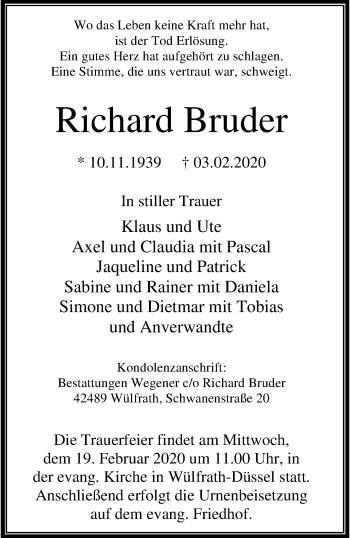 Traueranzeige von Richard Bruder von trauer.wuppertaler-rundschau.de