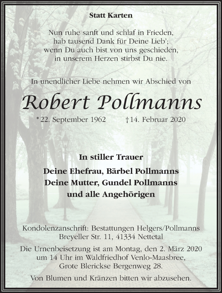  Traueranzeige für Robert Pollmanns vom 23.02.2020 aus trauer.extra-tipp-moenchengladbach.de