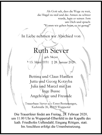 Traueranzeige von Ruth Siever von trauer.wuppertaler-rundschau.de