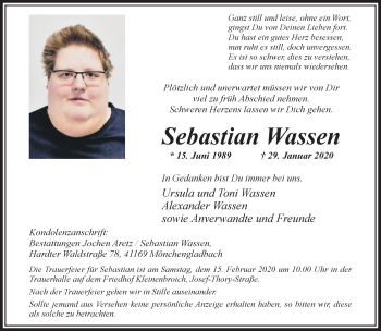 Traueranzeige von Sebastian Wassen von trauer.extra-tipp-moenchengladbach.de