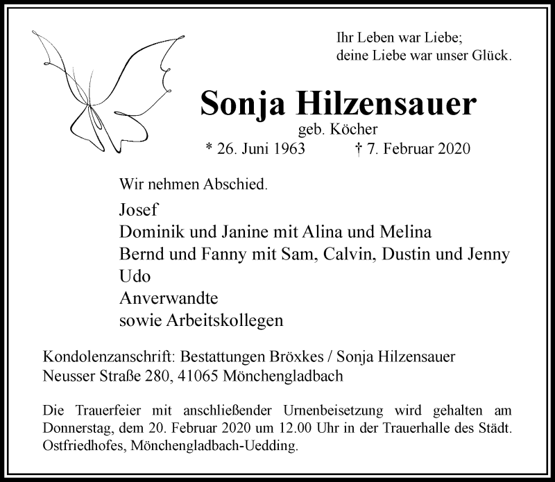  Traueranzeige für Sonja Hilzensauer vom 16.02.2020 aus trauer.extra-tipp-moenchengladbach.de