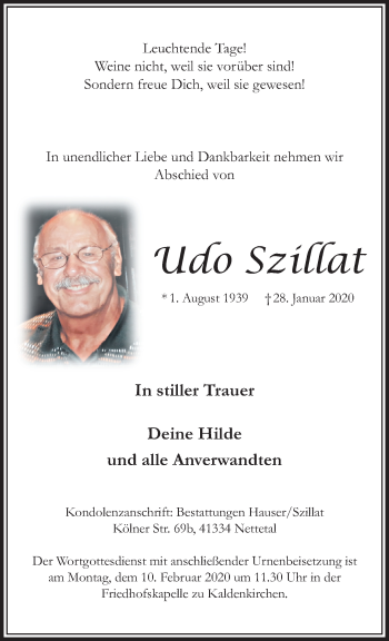 Traueranzeige von Udo Szillat von trauer.extra-tipp-moenchengladbach.de