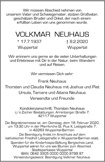 Traueranzeige von Volkmar Neuhaus von trauer.wuppertaler-rundschau.de