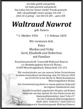 Traueranzeige von Waltraud Nawrot von trauer.extra-tipp-moenchengladbach.de