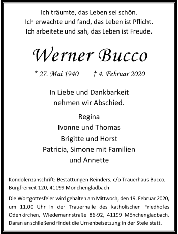 Traueranzeige von Werner Bucco von trauer.extra-tipp-moenchengladbach.de