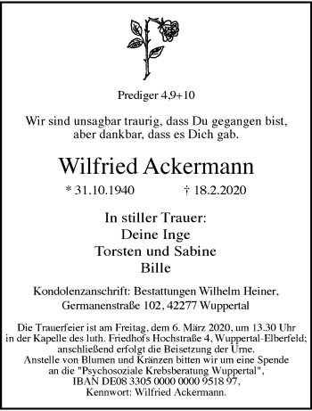 Traueranzeige von Wilfried Ackermann von trauer.wuppertaler-rundschau.de